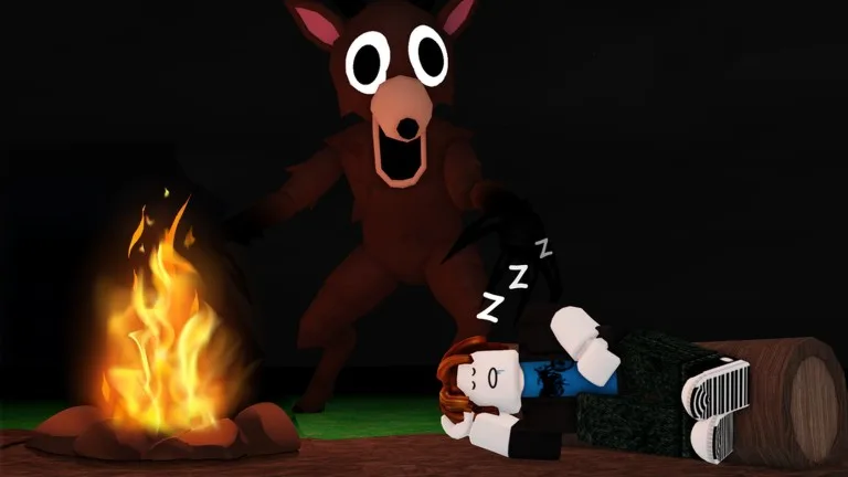 Official Roblox thumbnail for 99 Nights in the Forest – campfire survival with a deer-like threat watching
