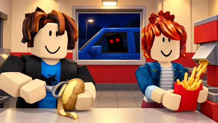 Official Roblox experience thumbnail for Sell Fries! [Anomaly] – french fry kitchen with nighttime anomaly twist